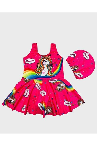 ALİŞ KİDS Girl's Pink Unicorn Rainbow Print Skirted Tight Woven Quick Dry Bonnet Swimsuit
