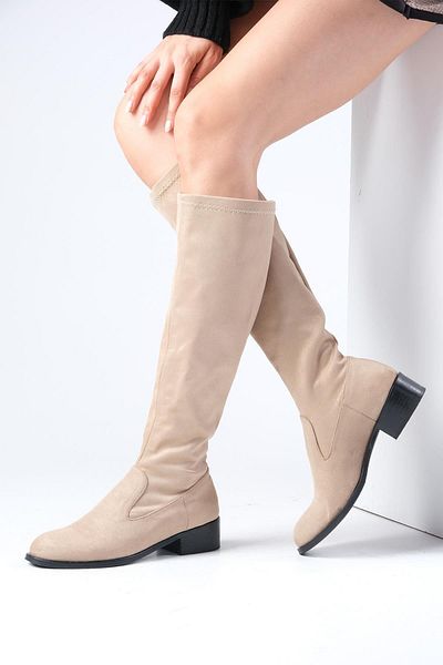 Mio Gusto Brooklyn Beigefarbene Damen-Stretchstiefel aus Wildleder unterhalb des Knies