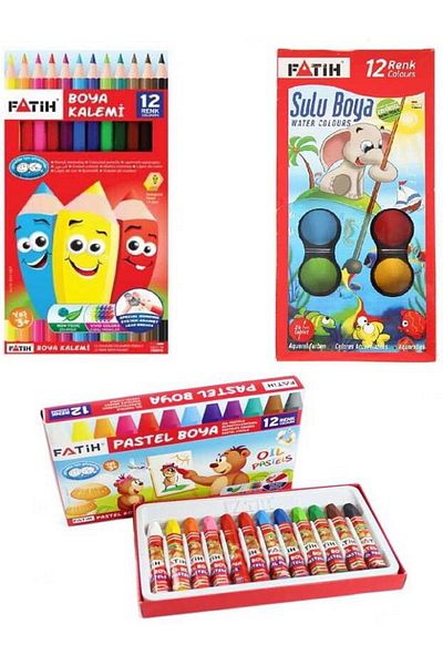 Fatih 12 Pieces of Dry Paints - 12 Pieces of Water Paints - 12 Pieces of Pastel Paints Total 36 Pieces