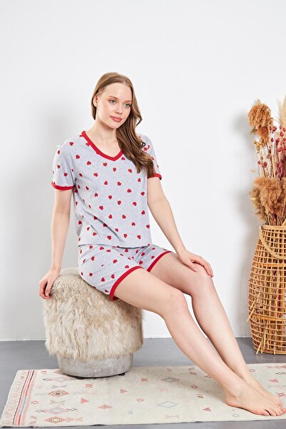 CrazyShopping Red Cotton Knitted - Women's Pajama Set with Heart Shorts
