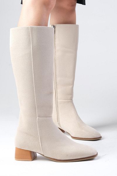 Mio Gusto Briony Beige Suede Women's Heeled Boots - Side Zipper and Lined Blunt Toe