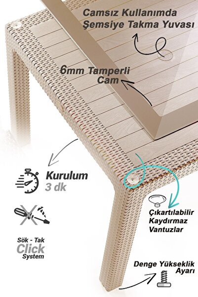 Novussi Nirvana Suya Ve Güneşe Dayanıklı 6 Koltuklu 90x150 Dikdörtgen Camlı Masa Rattan Bahçe Balkon Takımı