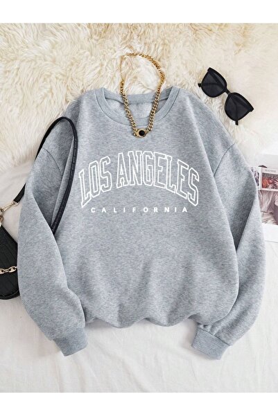Genel Markalar Los Angeles Kalın Kışlık Sweatshirt - Gri Baskılı Oversize Şar...