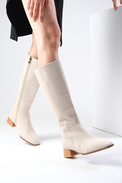 Mio Gusto Briony Beige Suede Women's Heeled Boots - Side Zipper and Lined Blunt Toe