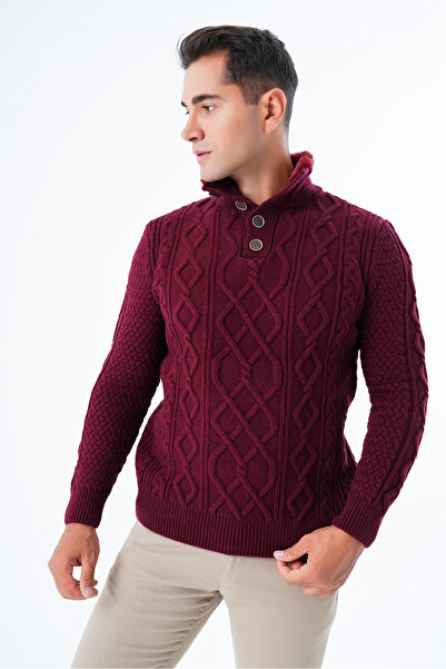 Trist Star Men's Claret Red Knitwear Sweater - Stand Collar, Short Placket, Buttoned, Hair Braided Trist-5345