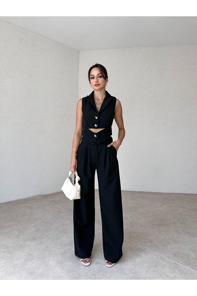Rabia Çelik Black High Waist and Button Detailed Women's Dress - Pants and Vest Set