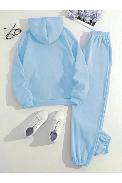 SeusCraft Basic Kalın Kışlık Sweatshirt Eşofman Altı Jogger - Bebe Mavi Alt Üst Eşofman Takımı Kapüşonlu