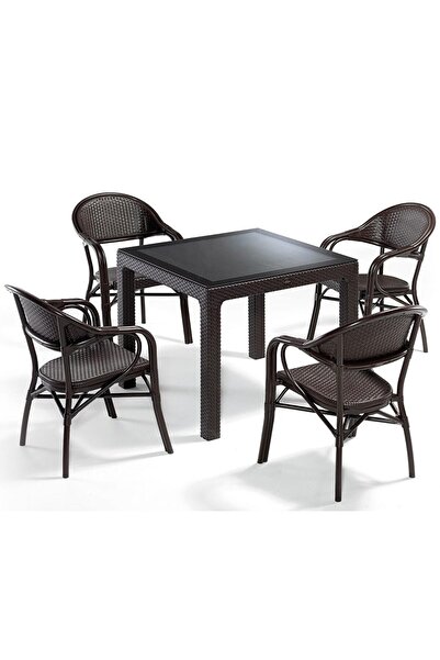 Novussi Nirvana Suya ve Güneşe Dayanıklı 4 Koltuklu 90x90 Kare Camlı Masa Rat...