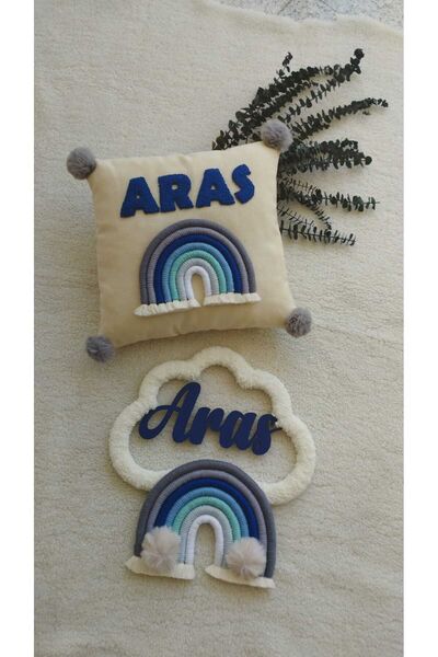 makrom elvan Erkek bebek isme özel kapı süsü ve punch nakışlı yastık, hediyel...