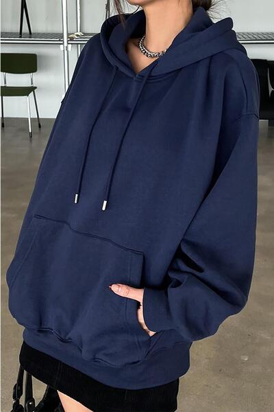 Millionaire Kadın Lacivert Düz Kapüşonlu Oversize 3 iplik Şardonlu Salaş Bol Kesim Hoodie Sweatshirt