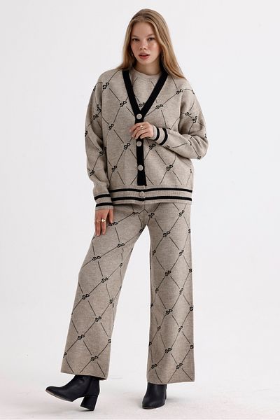 MD trend Diamond Patterned Women's Knitwear Set - Stripe Detailed Trousers, Sweater and Cardigan