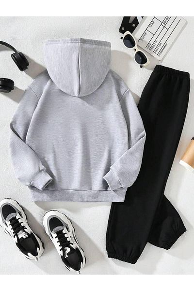 MORNİNG KİDS Grey-black Kids Sweatshirt and Tracksuit Set - Hooded, Cats Printed