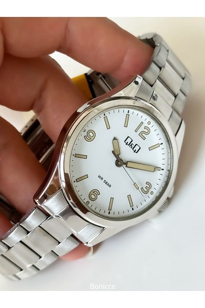 Q&Q Men's Silver Color Steel Cord Waterproof Wristwatch Rosary Bracelet