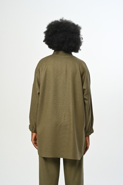 Orfeo Negro Women's Double Pocket Straight Color Sleeves Stringed Oversize Cut Shirt