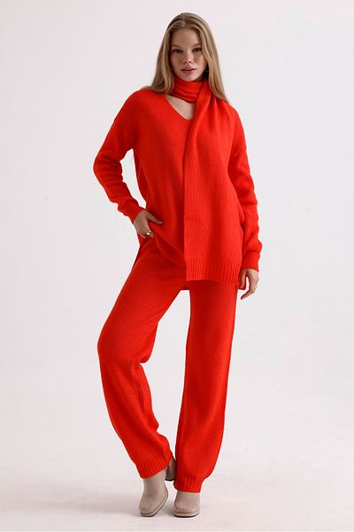 MD trend High Waist V-neck Knitwear Sweater and Lace-up Trousers - Three Pieces Set