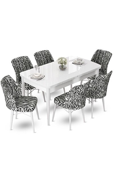 Canisa Fer Serisi, 70x114 Açılabilir Beyaz Mutfak Masa Takımı, 6 Zebra Desen ...
