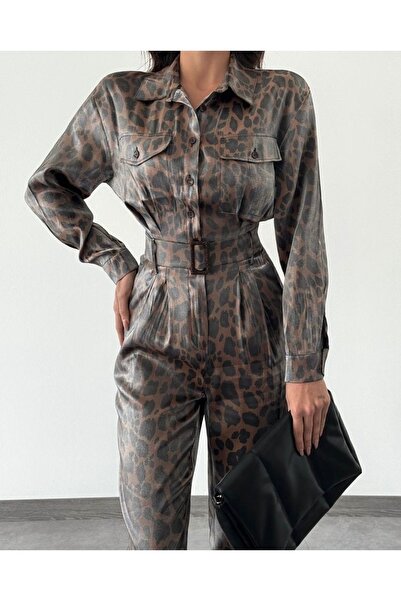 Leos Moda Leopar Desenli Kemerli Parlak Tulum