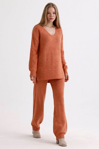 MD trend High Waist V-neck Knitwear Sweater and Lace-up Trousers - Three Pieces Set