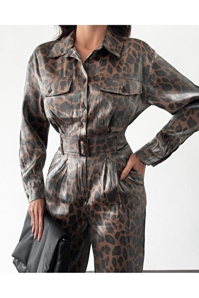 Leos Moda Leopar Desenli Kemerli Parlak Tulum