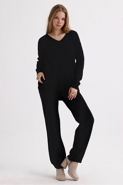 MD trend High Waist V-neck Knitwear Sweater and Lace-up Trousers - Three Pieces Set