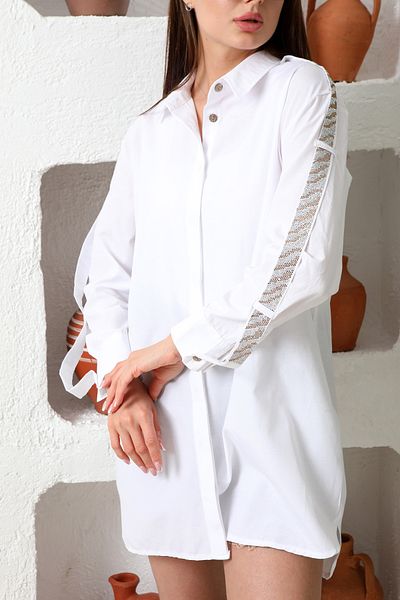 JESSE STORY Rochie cămașă-tunică cu imprimeu cu piatră albă, design cu dungi cu detalii de piatră