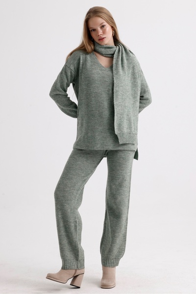 MD trend High Waist V-neck Knitwear Sweater and Lace-up Trousers - Three Pieces Set