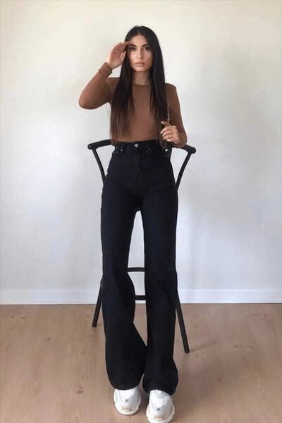 TRENDNATUREL Izabella Solmaz Simsiyah Extra High Waist Stretch Fabric Palazzosalaş Jean Pants