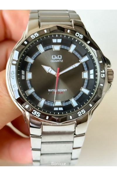 Q&Q Men's Silver Color Steel Cord Waterproof Wristwatch Rosary Bracelet