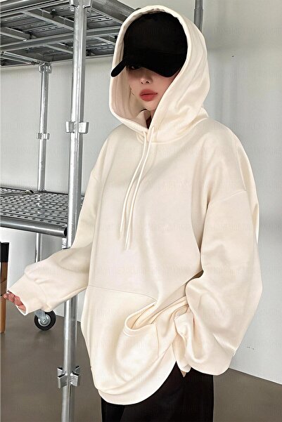 Millionaire Kadın Kırık Beyaz Krem Ekru Düz Kapüşonlu Oversize 3 Iplik Şardonlu Salaş Bol Kesim Hoodie Sweatshir