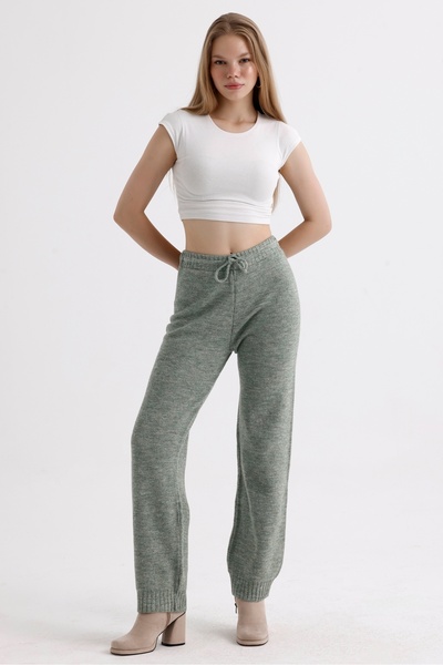 MD trend High Waist V-neck Knitwear Sweater and Lace-up Trousers - Three Pieces Set
