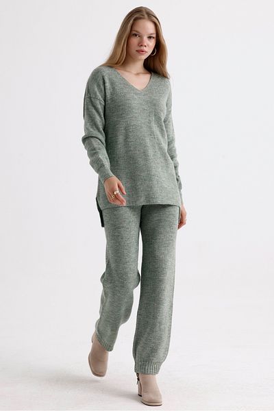 MD trend High Waist V-neck Knitwear Sweater and Lace-up Trousers - Three Pieces Set