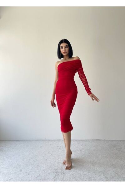 Afiş Butik Kırmızı Tek Omuz Tül Drapeli Elbise