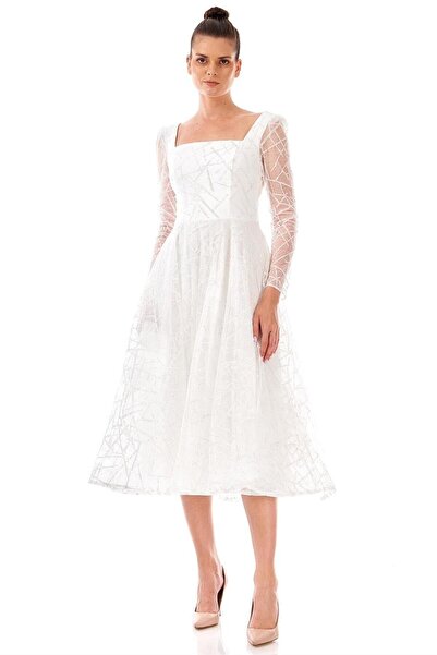 Elbisemhazır Simli Tül Kumaş Midiboy Abiye Elbise