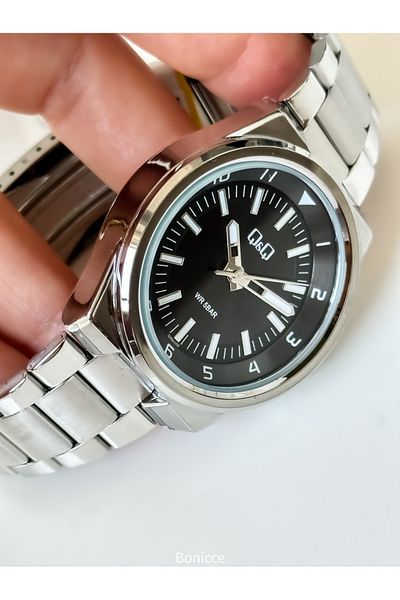 Q&Q Silver Color Men's Wristwatch - Waterproof Steel Cord Rosary Bracelet