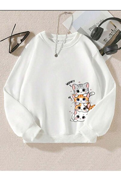MORNİNG KİDS White Crew Neck - Hanorac pentru copii cu imprimeu WOW Kitties