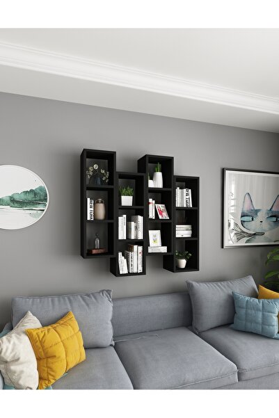 Dekormer Design Kitaplık Mobilya Duvar Rafı Salon 4 Lü Takım Siyah