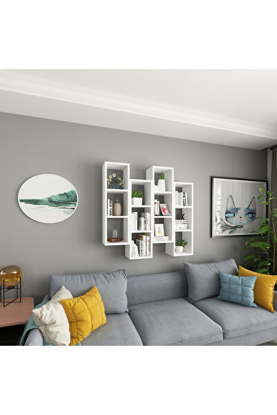 Dekormer Design Kitaplık Mobilya Duvar Rafı Salon 4 Lü Takım Beyaz