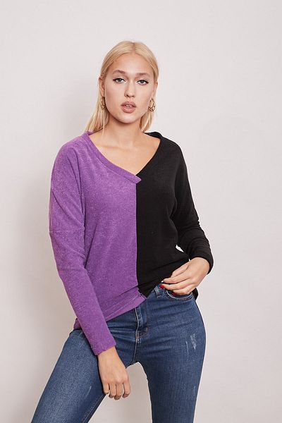 Jument Fleece Towel V-Neck Double Color Long Sleeve Sweat-lilac Black