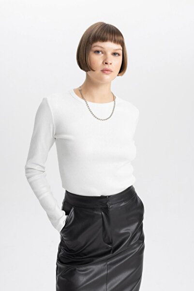 DeFacto Žebrované tričko s dlouhým rukávem - Crew Neck, Slim Fit B8497ax23wn