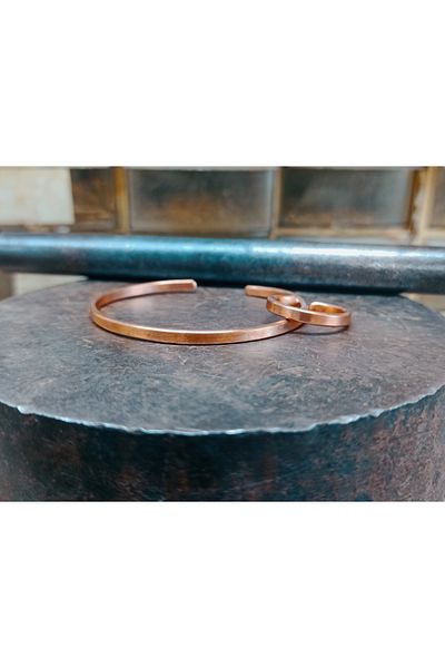 LOVI Pure Copper Women Men Unisex Flat Bracelet Ring Set