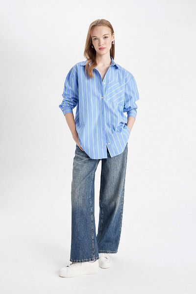 DeFacto Oversize Wide Fit Pocket Striped Poplin Long Sleeve Shirt B1132Ax24Au