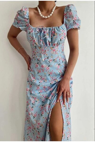 MOODMODA MOOD MODA Kadın Çiçek Desenli Yırtmaçlı Astarlı Elbise