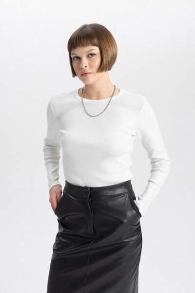 DeFacto Žebrované tričko s dlouhým rukávem - Crew Neck, Slim Fit B8497ax23wn