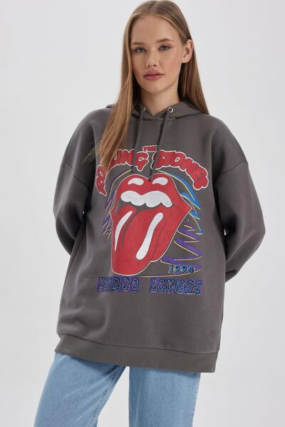 DeFacto Rolling Stones з принтом - Товстий оверсайз-светр з капюшоном B3006ax...