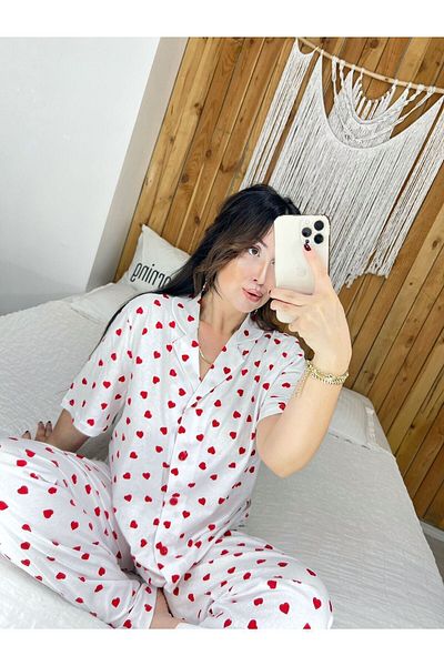 Pijamapartisi Red Heart Patterned Front Buttoned Maternity Pajamas Set