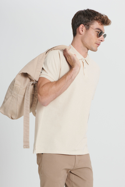 ALTINYILDIZ CLASSICS Bézs-Ecru Slim Fit póló nyakú férfi póló - 100% pamut