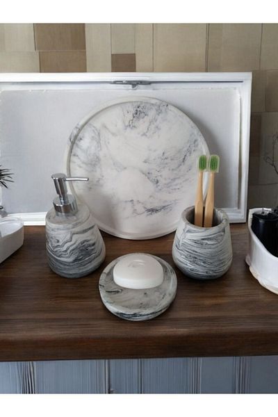 Trust Stone Σετ μπάνιου από σκυρόδεμα 4 τεμαχίων Marble Series - Υγρό σαπούνι, Αξεσουάρ οδοντόβουρτσας