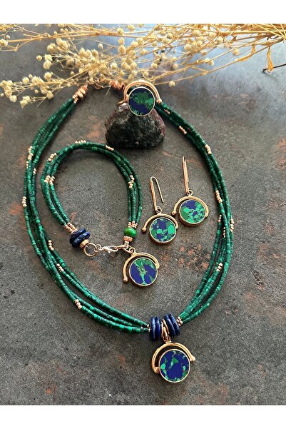 splashtakı 925 Ayar Gümüş Malakit Kolye Bileklik Küpe Yüzük Rose Set Takı