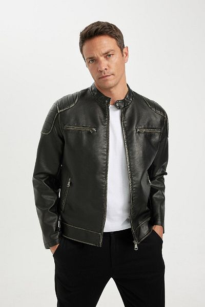 DeFacto Stand CollarSlimFit Faux Leather Jacket - Lined, C6965ax24au