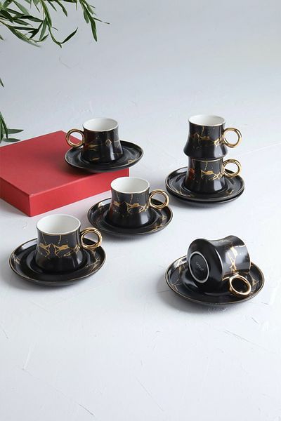 AROW TR-2619 Black Porcelain Coffee Cup Set - 12 Pieces, 6 Person